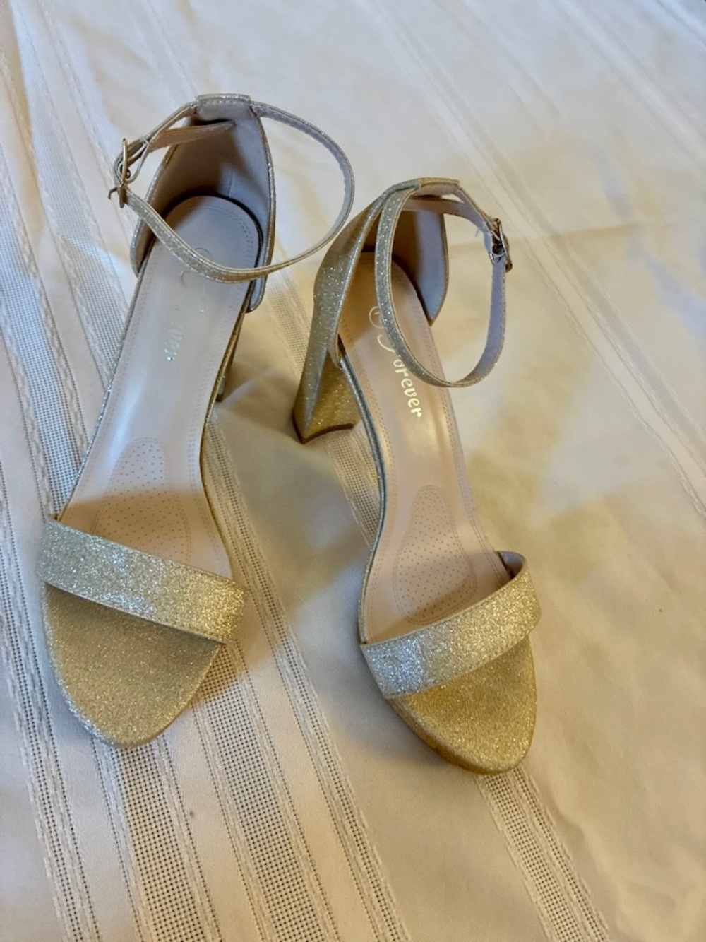 Forever 21 Gold Glitter Block Heel Sandals with Ankle Strap